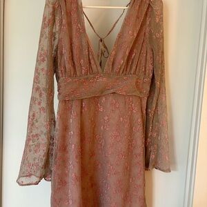 STORIA pink floral long sleeve dress with rose gold details size L